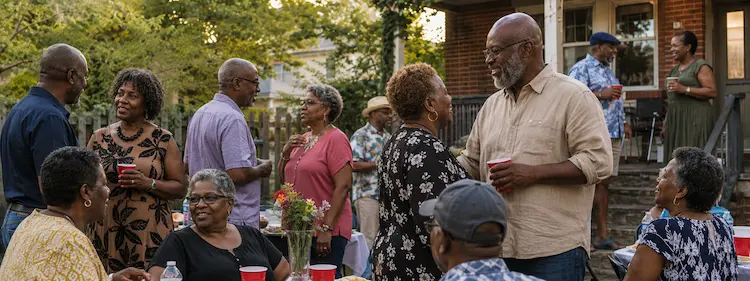 Group of African American men and women over 50 socializing at a community gathering to meet new singles friends