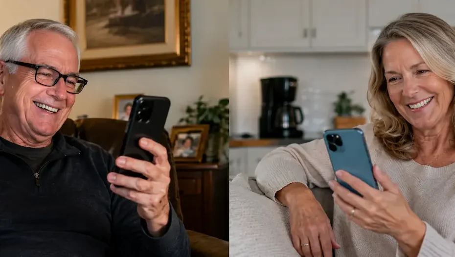 Retired senior man and woman chatting online on dating platform