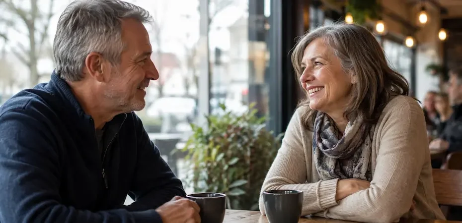 Two singles over 50 enjoying a first date conversation at a cozy café