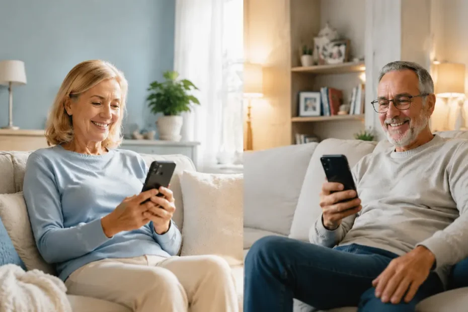50+ man and woman using smartphones to chat online safely from their homes