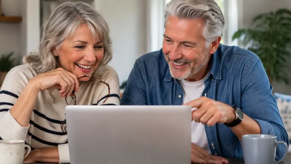 50+ couple using a laptop together to create meaningful online connections