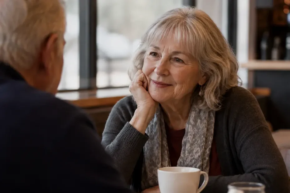 Senior widow having coffee with a man as she begins dating again after widowhood
