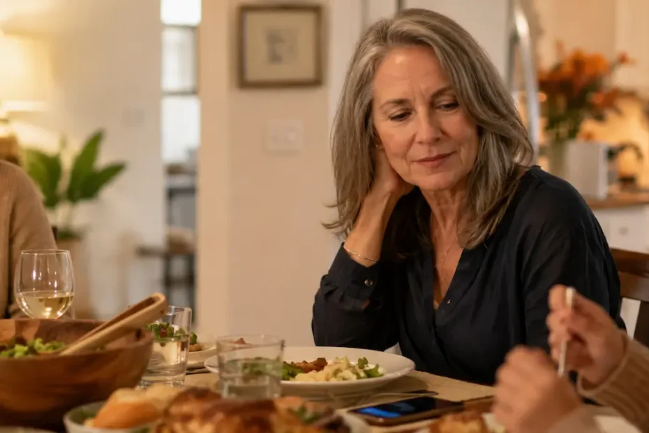 Woman over 50 checking her phone during a family dinner while setting healthy dating boundaries