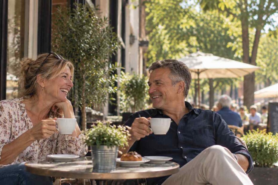 Mature couple enjoying coffee together before a date