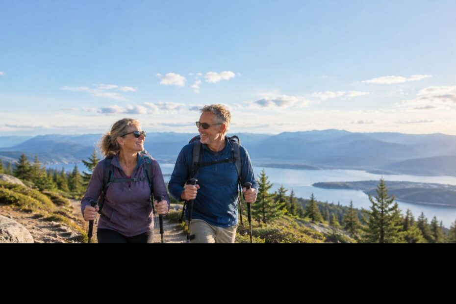 Mature singles hiking together on a sunny mountain trail