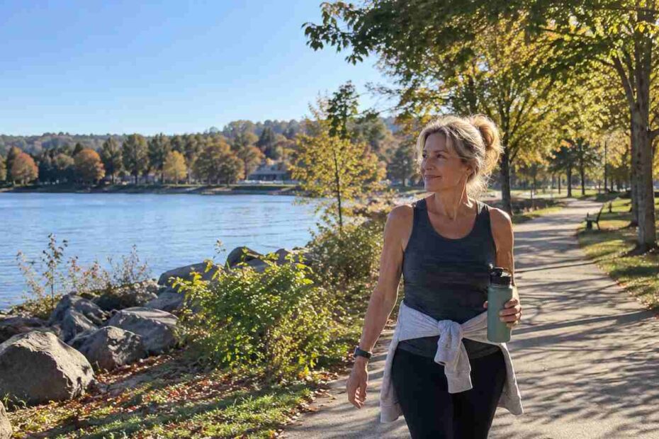Woman over 50 exercising outdoors on a sunny lakeside path