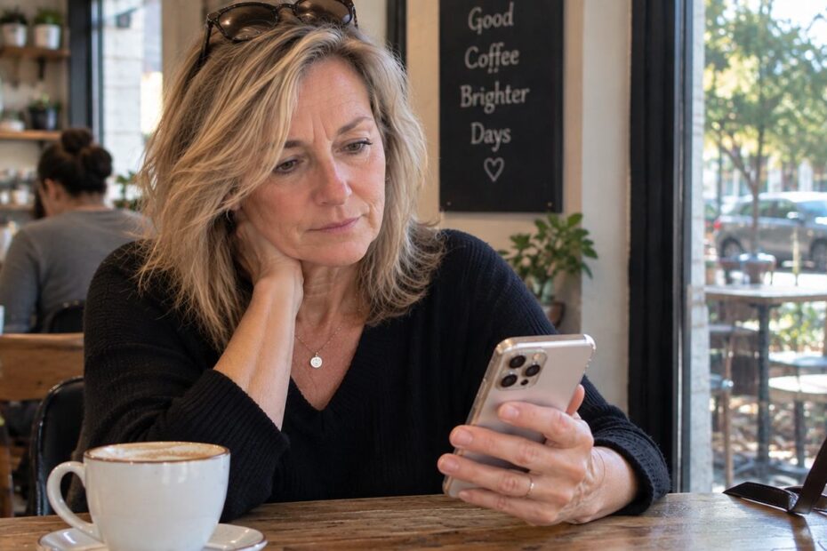 Woman looking at her phone while experiencing ghosting after 50