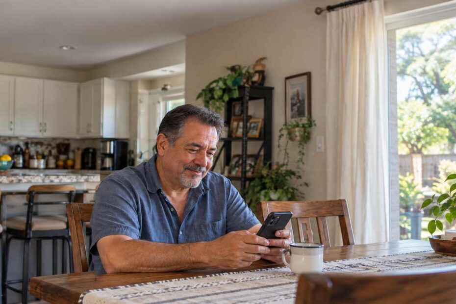 Latino man over 50 reading a message on his smartphone at home