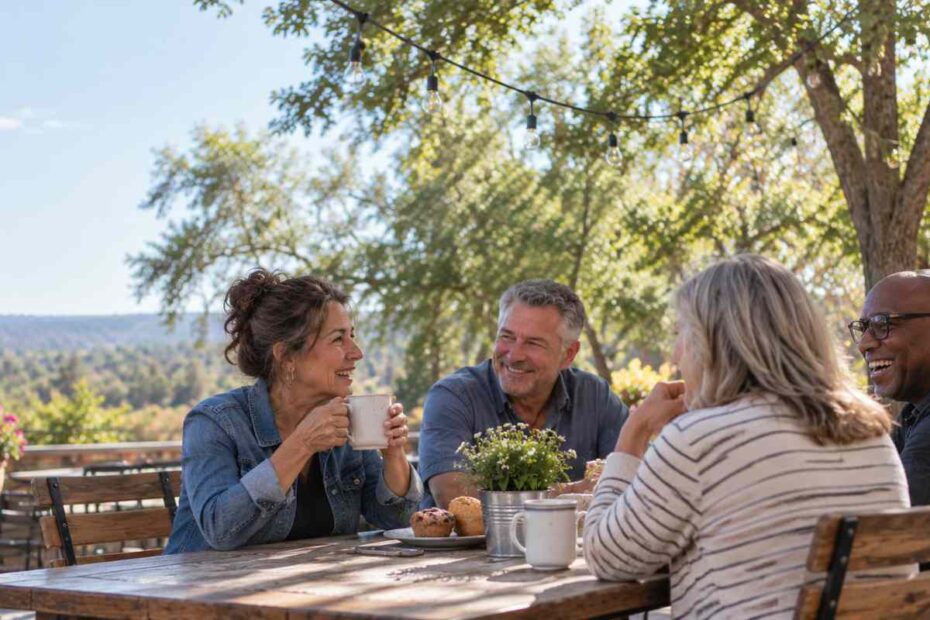 Adults over 50 enjoying conversation and building friendships outdoors