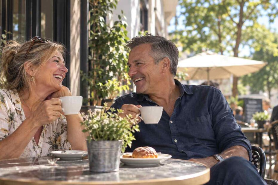 Mature couple enjoying a coffee date without alcohol