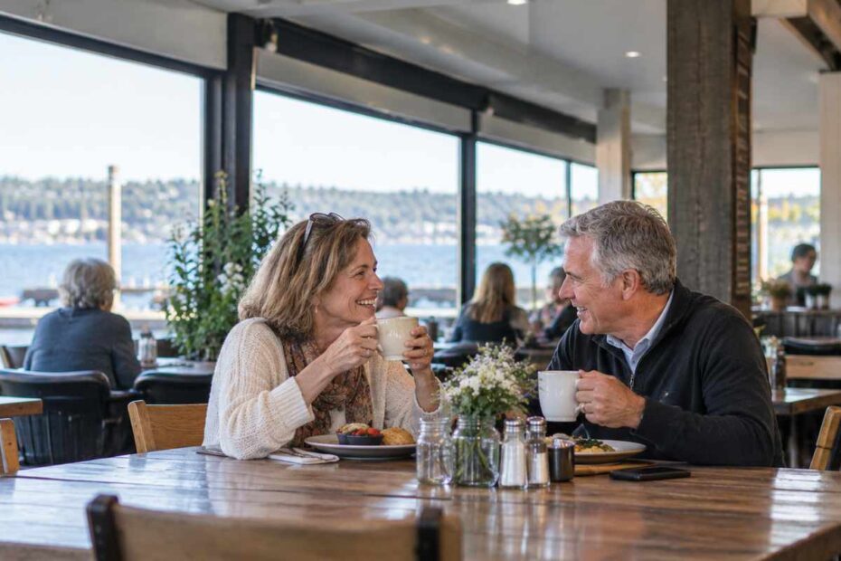 Couple over 50 enjoying a first date at a waterfront cafe